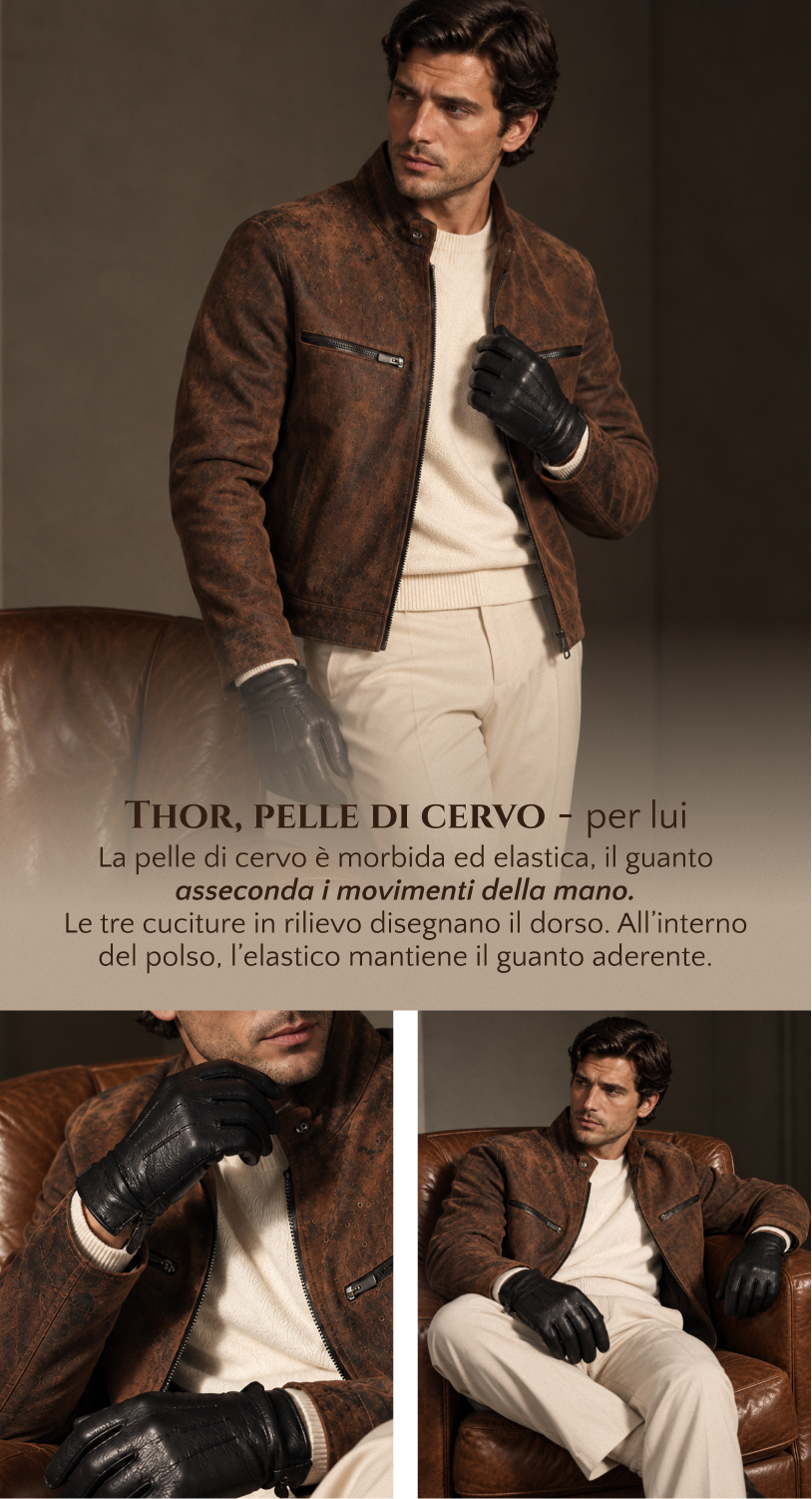 Thor, guanti in pelle di cervo per lui. Pelle morbida ed elastica e tre cuciture sul dorso.