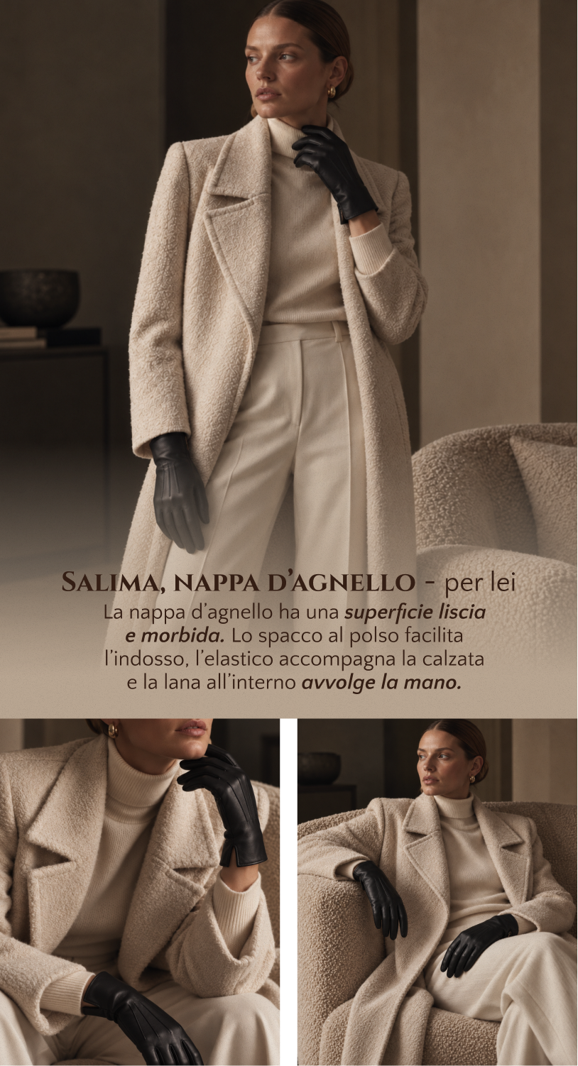 Salima, guanti in nappa d’agnello per lei, con spacco al polso e fodera in lana.