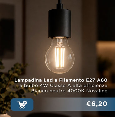 Glowing hanging LED filament bulb E27 A60 (4W, 4000K neutral white) in modern interior, close-up