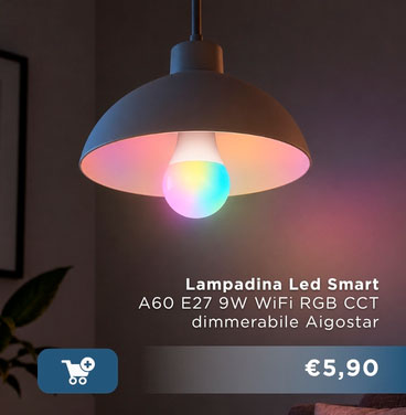 Pendant lamp with Aigostar A60 E27 9W WiFi RGB CCT smart LED bulb glowing multicolour under shade, dimmable, price shown.