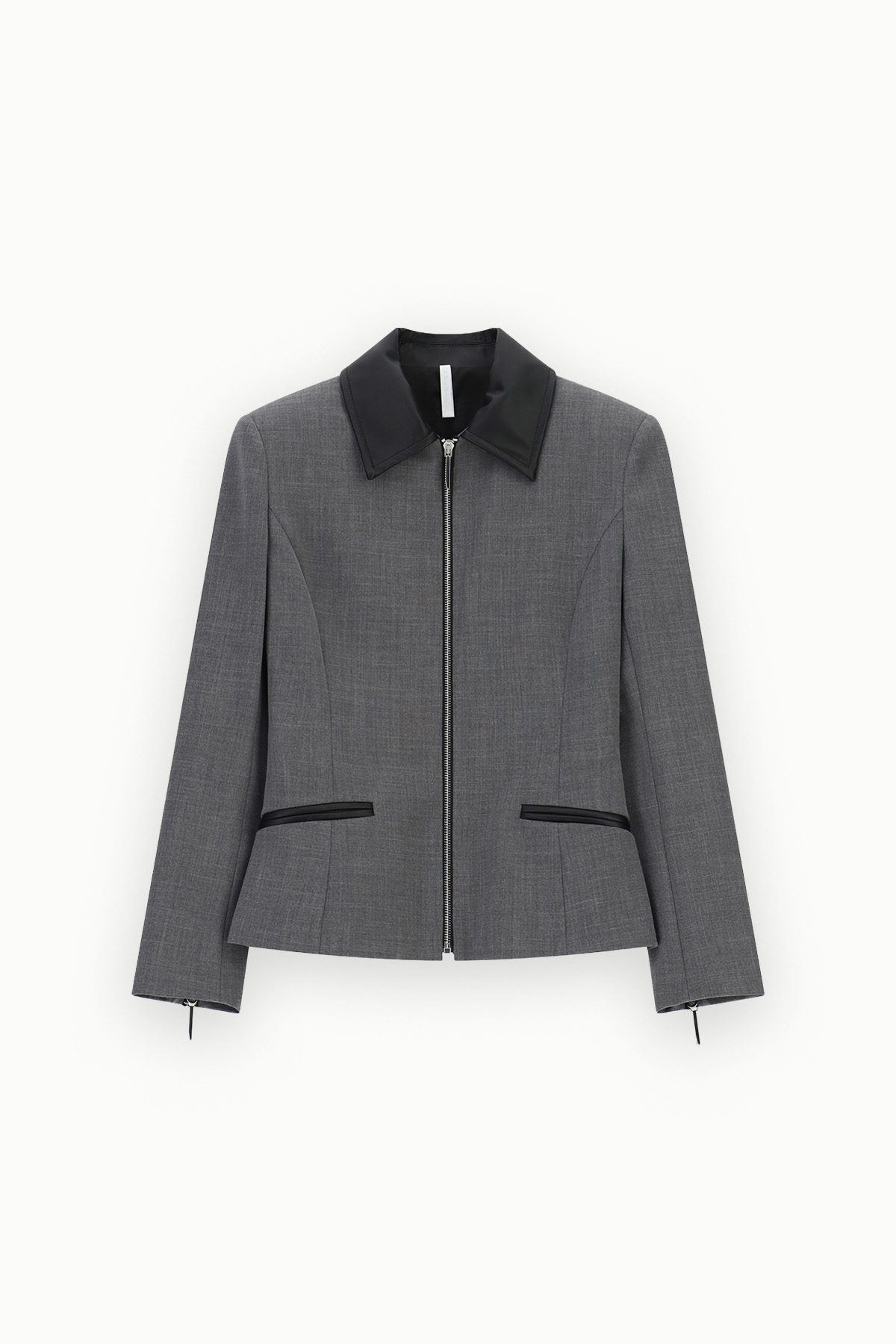 Grey tailored women's blazer jacket with black leather collar, front zip closure and two horizontal welt pockets