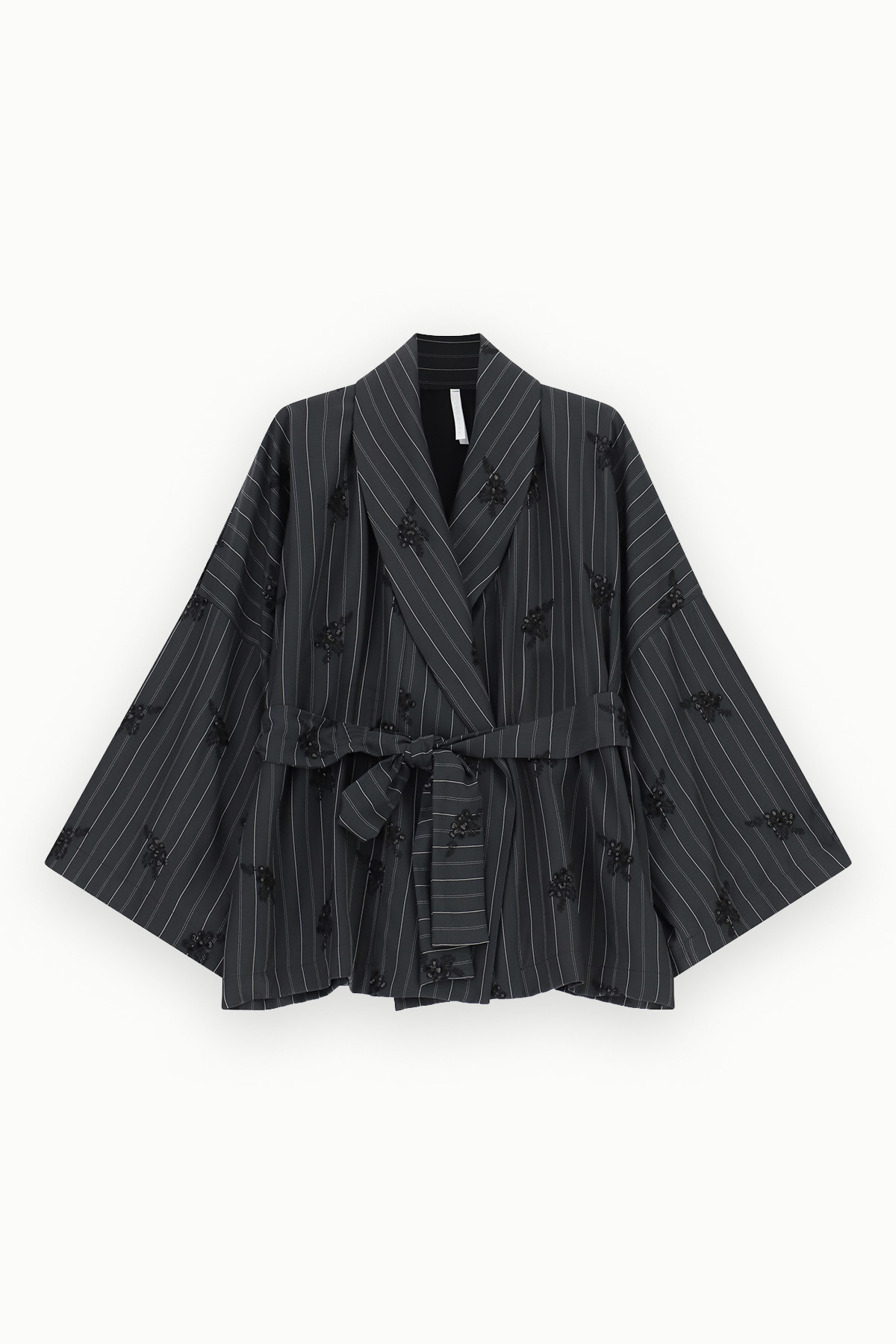 Women's black pinstripe kimono-style jacket with tie belt and subtle black floral embroidery