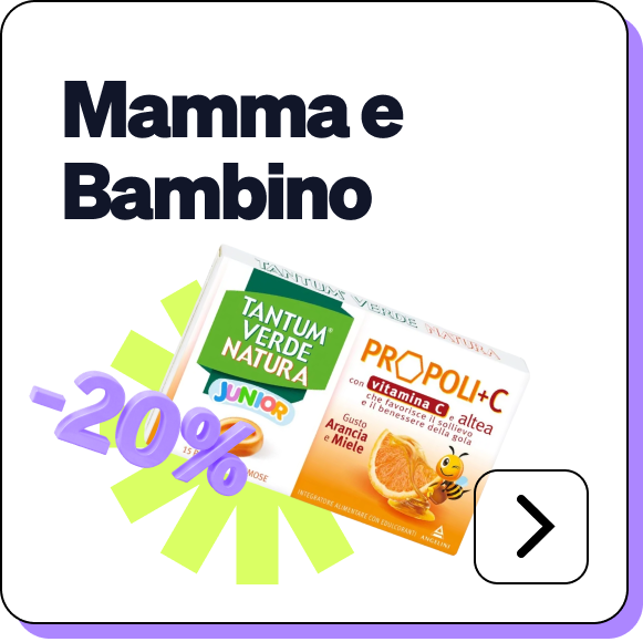Promotional image of two children's lozenge boxes (Tantum Verde Natura Junior and Propol+C orange & honey) with '-20%' discount badge and navigation arrow