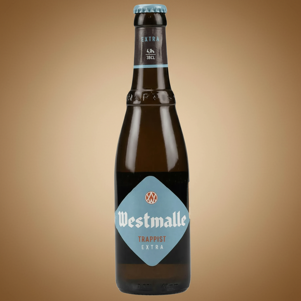 A bottle of Westmalle Trappist Extra beer with a light blue label.