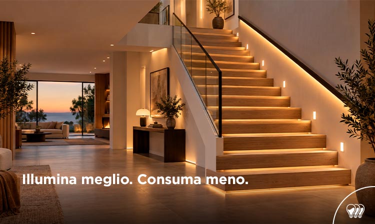 Modern open-plan living room with wooden illuminated staircase and warm recessed LED step lights, sea view at sunset