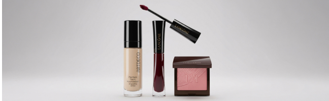 Scatto pubblicitario di tre prodotti di make-up: fondotinta, rossetto liquido e fard in polvere.