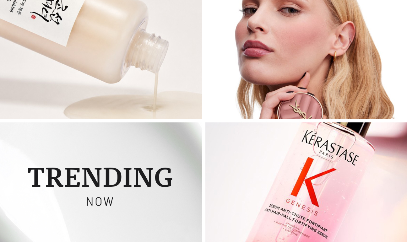 Collage con prodotti di tendenza del momento di Beauty of Joseon, YSL e Kérastase, dal titolo “TRENDING NOW”.