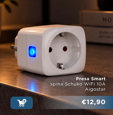 White Aigostar Smart WiFi Schuko plug adapter with blue LED indicator on table, priced €12.90