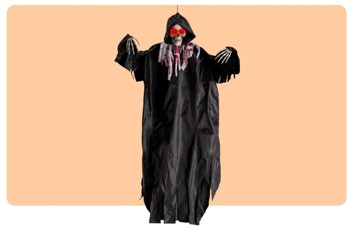 Hanging Halloween grim reaper decoration in a black hooded cloak with red glowing eyes, skeletal hands and tattered robes