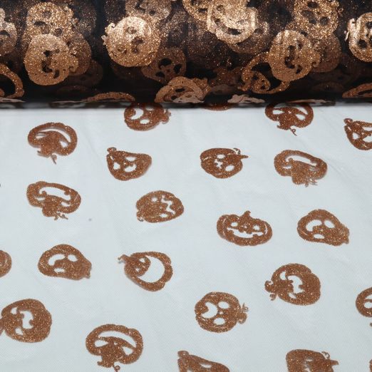 Tüll - Halloween Kürbisse Glitzer Schwarz Kupfer