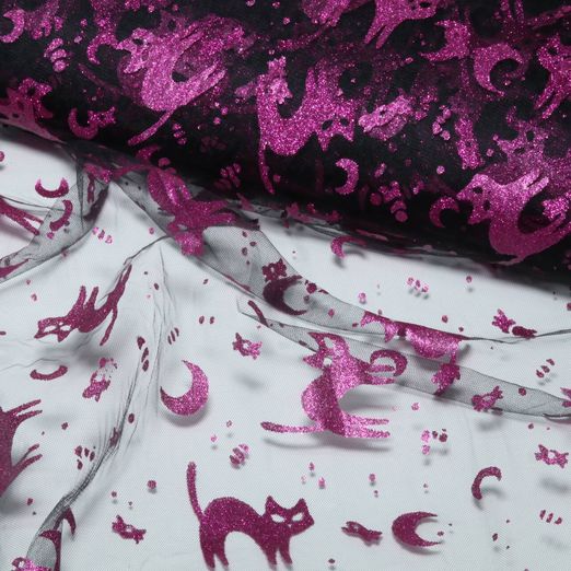Tüll - Halloween Katzen Glitzer Schwarz Pink