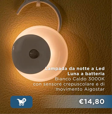 Wall-mounted LED battery night lamp, glowing moon design, warm 3000K, dusk and motion sensor, price overlay €14.80