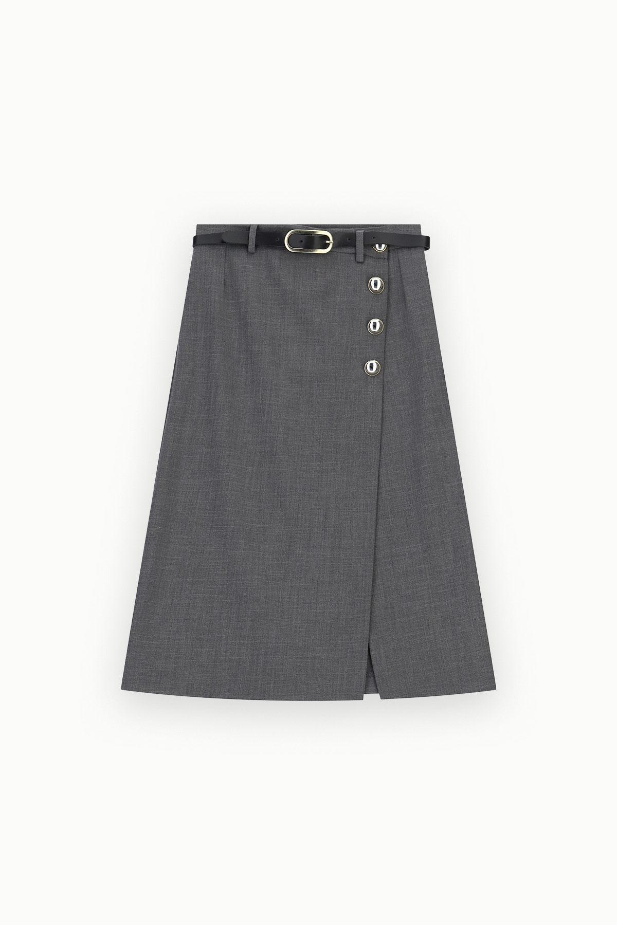 Mid-length grey wrap skirt with black belt, asymmetrical front slit and four silver-rimmed decorative buttons