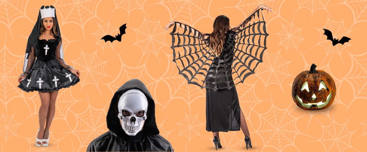 Halloween collage: gothic nun in black dress, skull‑masked hooded figure, woman displaying spider‑web wings, jack‑o‑lantern and bats on orange spiderweb background