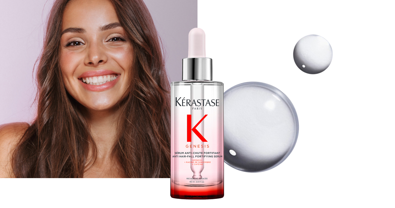 Grafica pubblicitaria per il siero per capelli anti-caduta Kérastase Genesis con flacone, texture a goccia e modella sorridente.