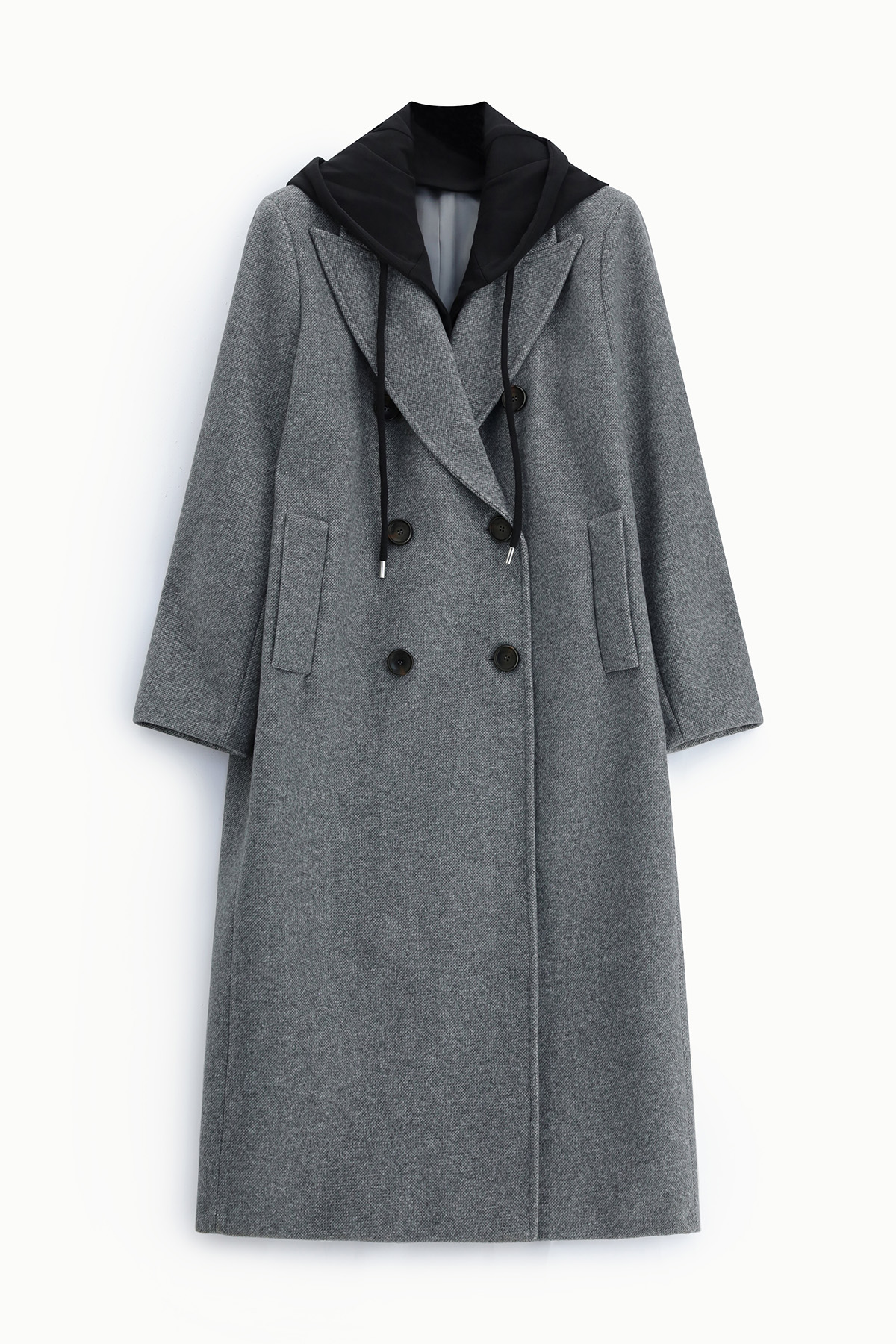 Long grey double-breasted wool coat with black attached hood, side pockets and button detailing