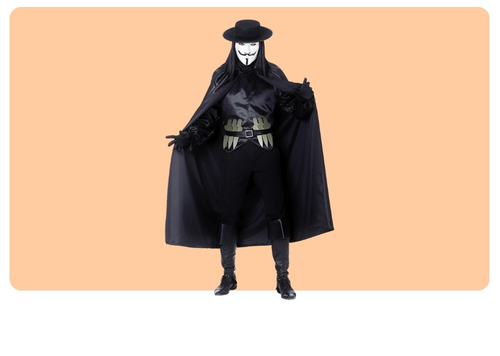 Masked figure in Guy Fawkes-style white mask, black hat, long cape and boots, utility belt, standing on peach background