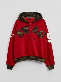 Felpa rossa con cappuccio, zip e scritta SWAG.