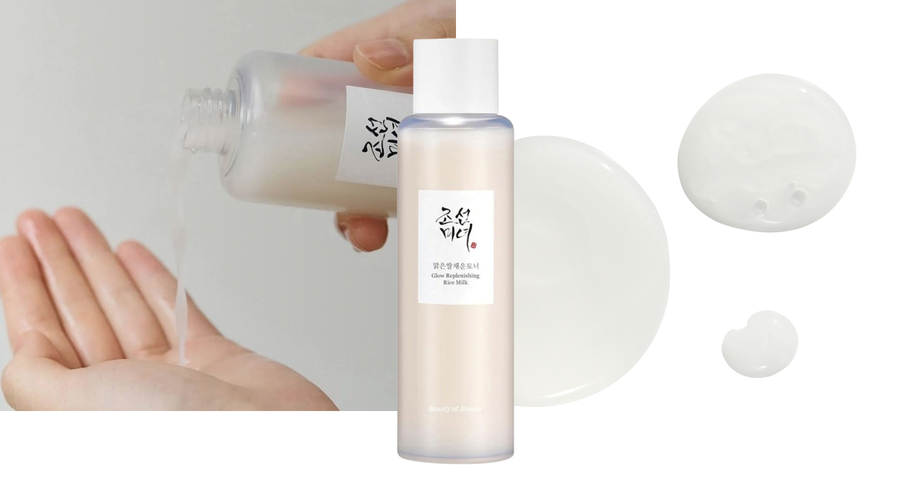 Grafica pubblicitaria per il Glow Replenishing Rice Milk di Beauty of Joseon, che mostra il flacone del prodotto e la sua texture liquida.