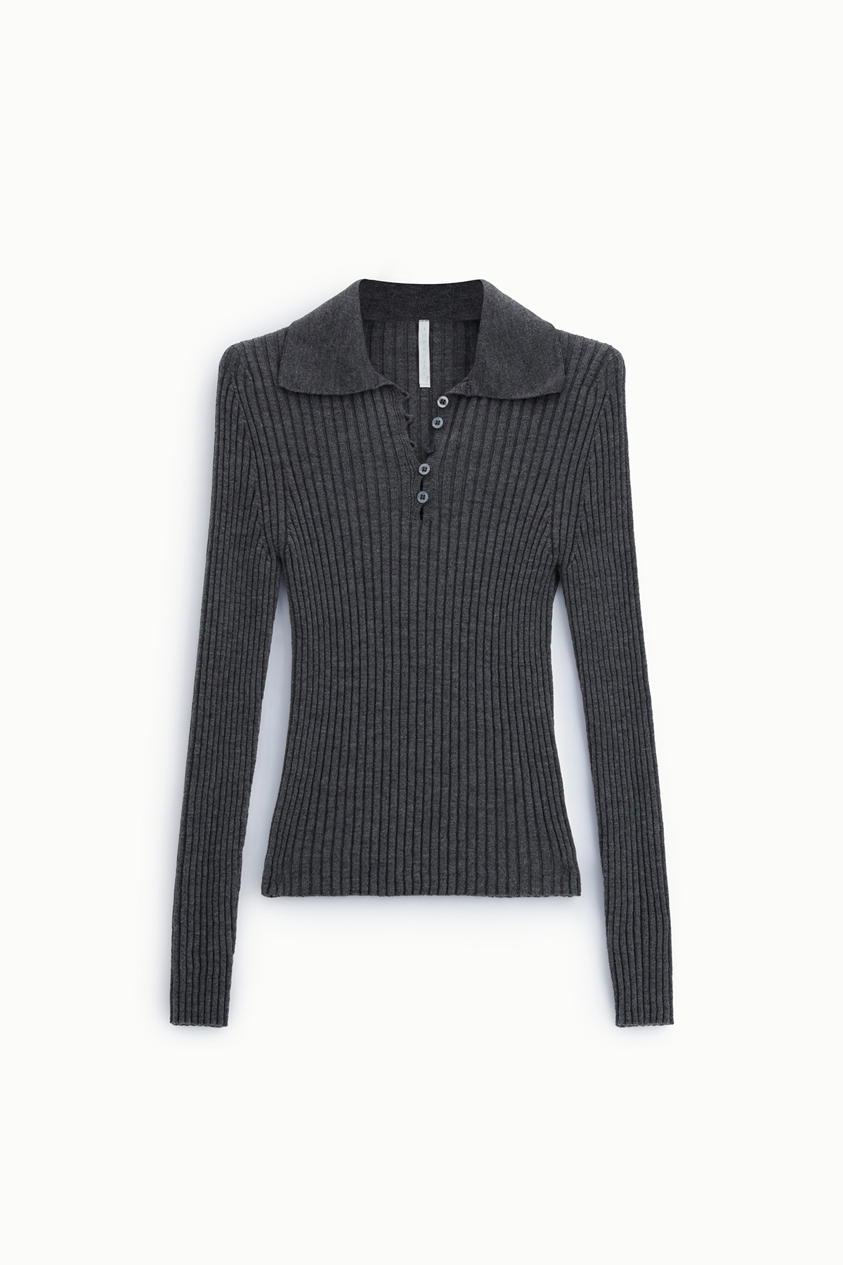 Charcoal ribbed knit long-sleeve polo sweater with spread collar and five-button placket, slim-fit