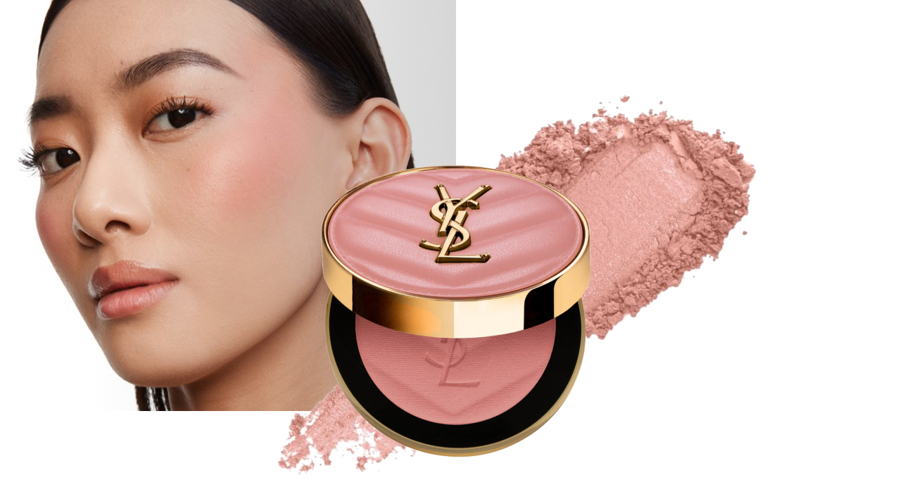 Grafica pubblicitaria per un fard in polvere YSL di colore rosa, con polvere compatta, texture colorata e una modella.