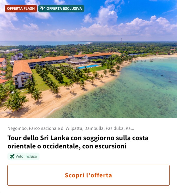 Tour dello Sri Lanka con soggiorno sulla costa orientale o occidentale, con escursioni