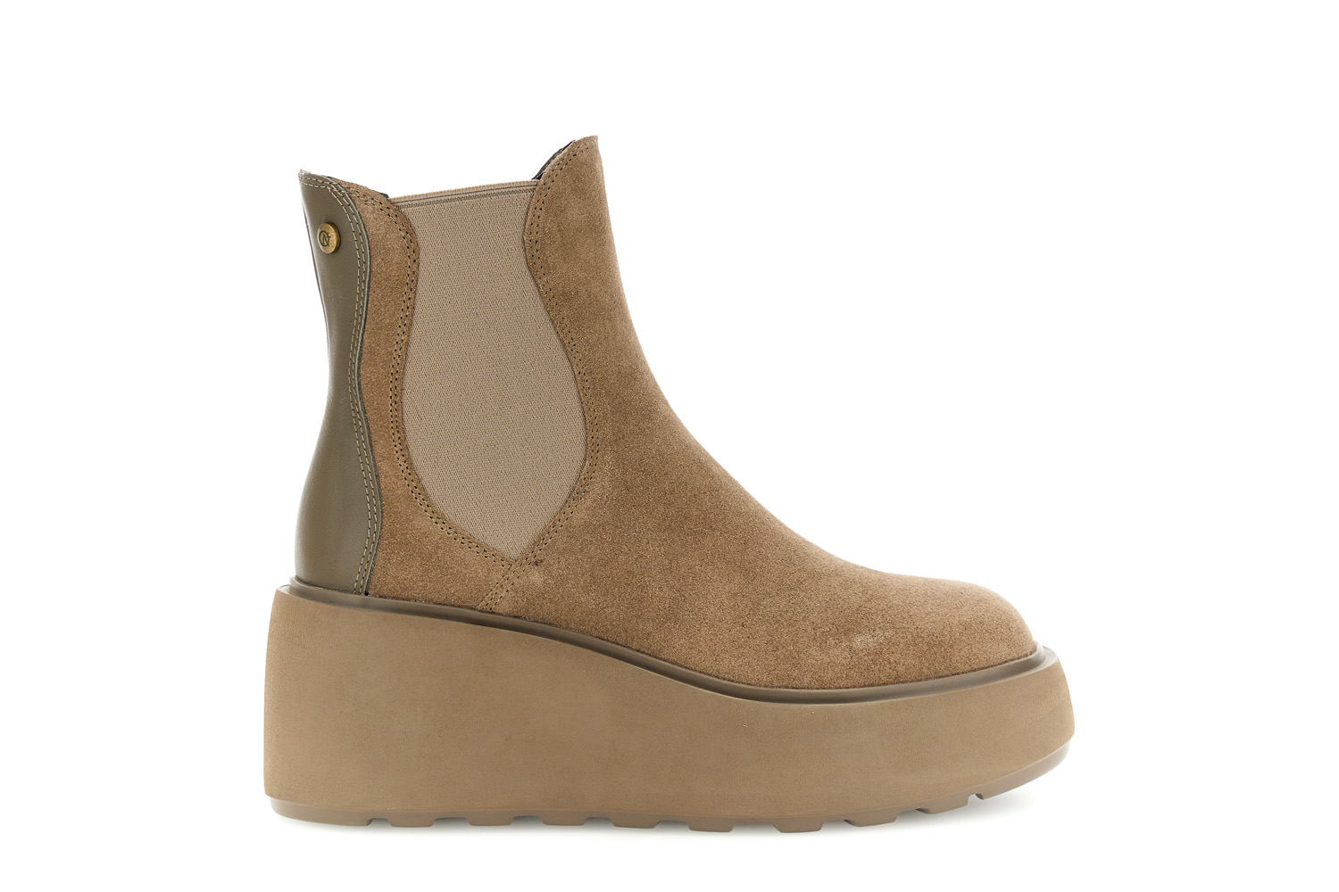 Image of tronchetti con zeppa in pelle scamosciata e pelle con elastici taupe