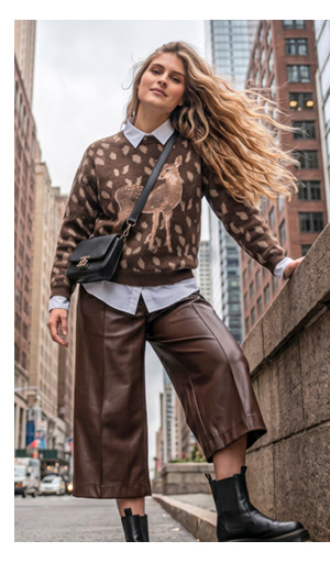 Elegante maglione con motivo di cerbiatto e maniche lunghe