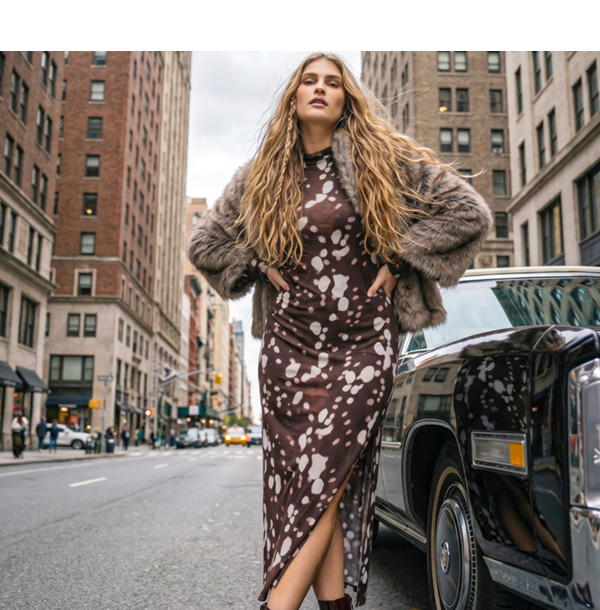 Elegante maxi abito con pois e colletto alto