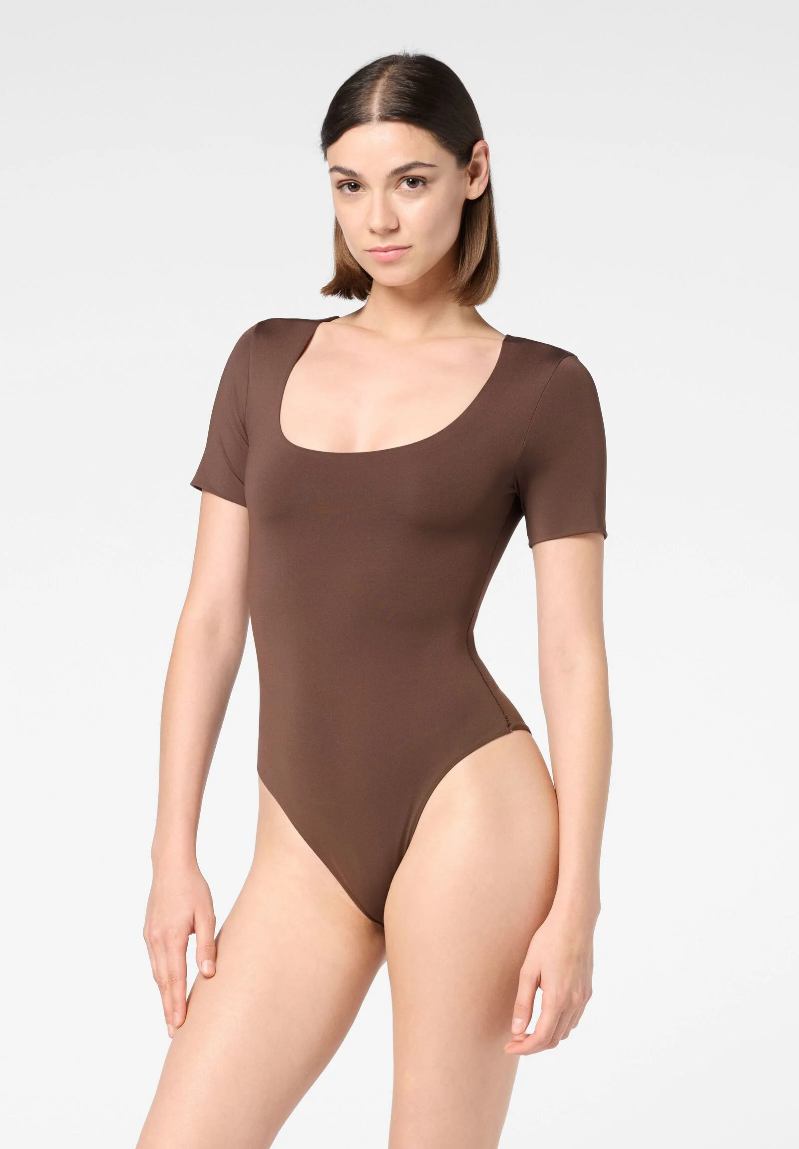 Image of Body Maniche Corte in Microfibra Elasticizzata Skinwear - Marrone Scuro