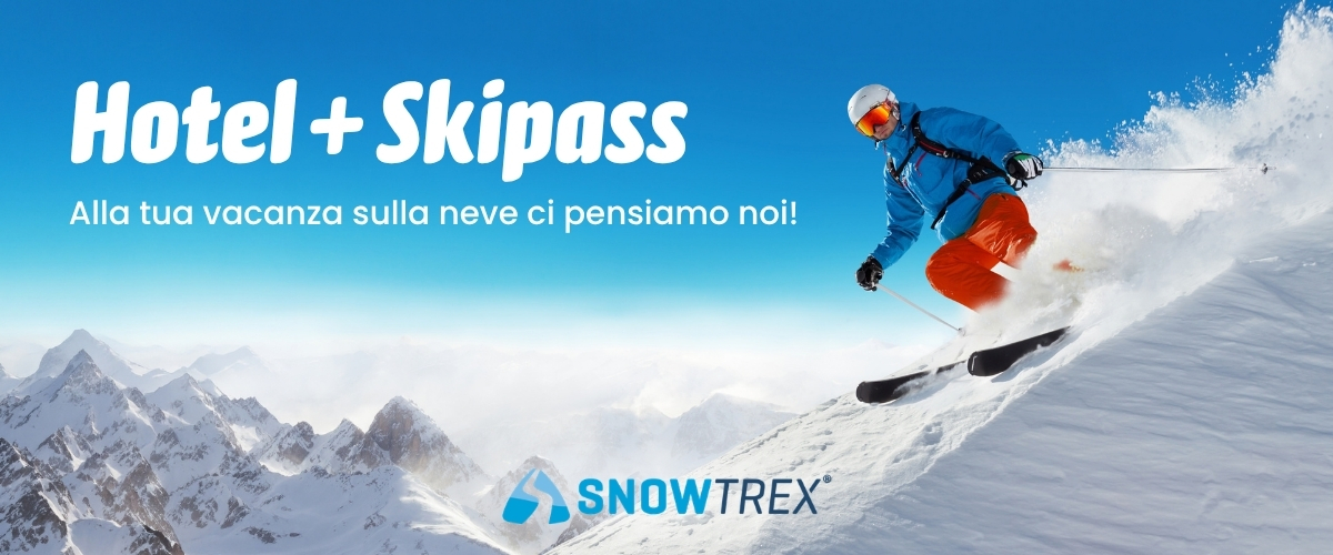 Skier carving fresh powder on a snowy mountain slope beside Hotel + Skipass text and SnowTrex logo, winter holiday offer