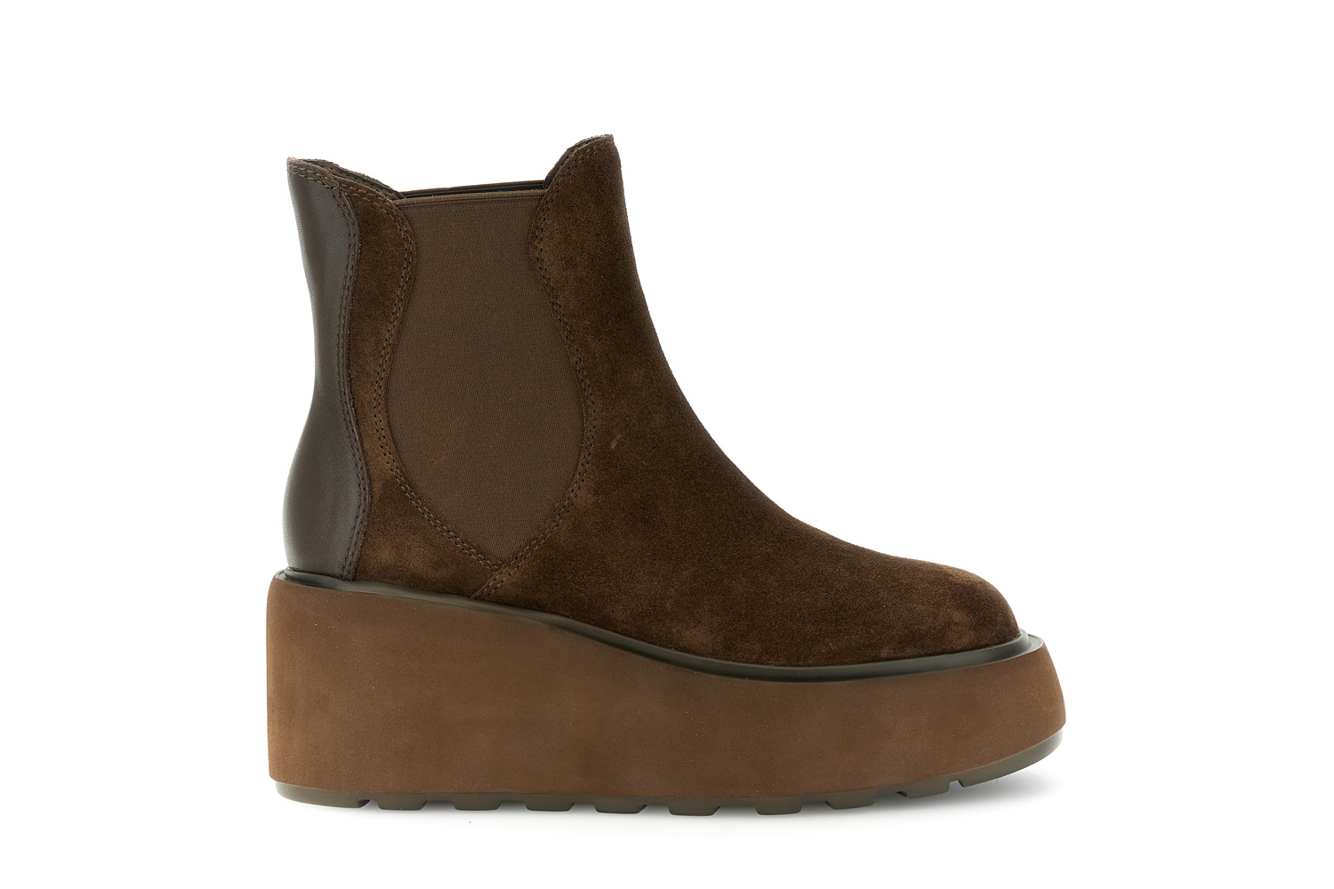 Image of tronchetti con zeppa in pelle scamosciata e pelle con elastici cioccolato
