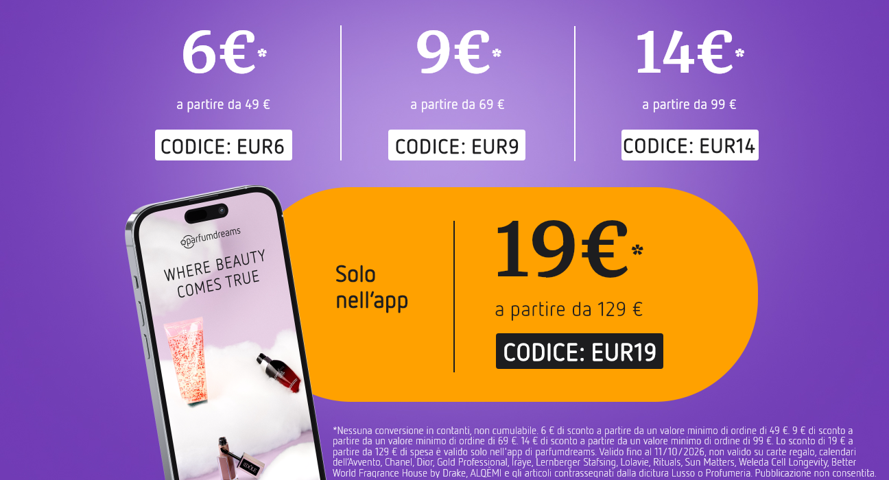 Serie di sconti su sfondo viola: 6 € a partire da 49 € (codice EUR6), 9 € a partire da 69 € (codice EUR9), 14 € a partire da 99 € (codice EUR14) e 19 € a partire da 129 € in esclusiva nell’app (codice EUR19). A sinistra si trova uno smartphone con l’app, in basso sono riportate le note legali.