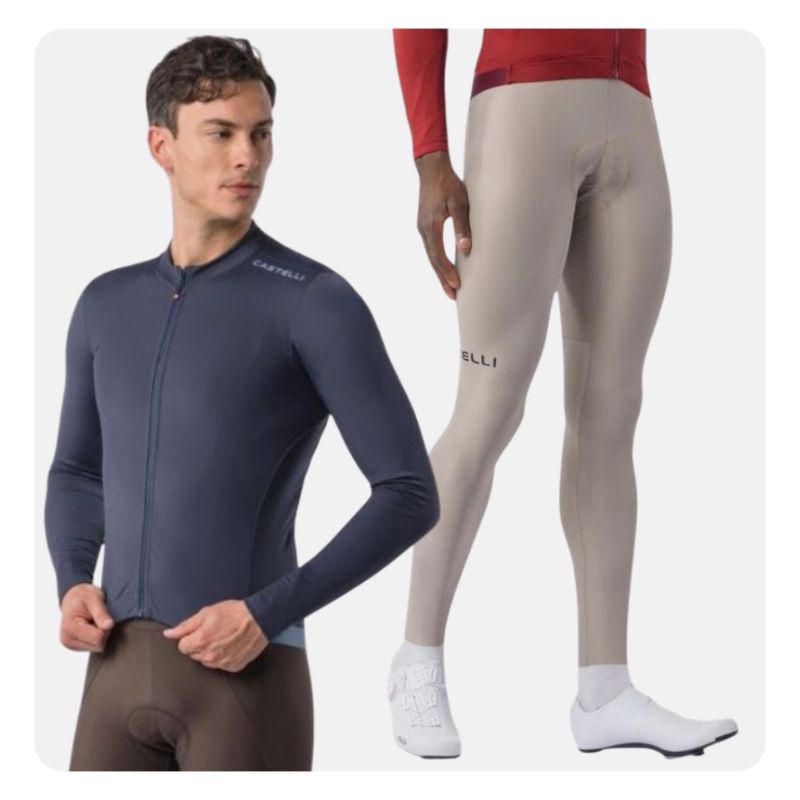 Men's Castelli navy long-sleeve cycling jersey and beige bib tights with white cycling shoes on light background