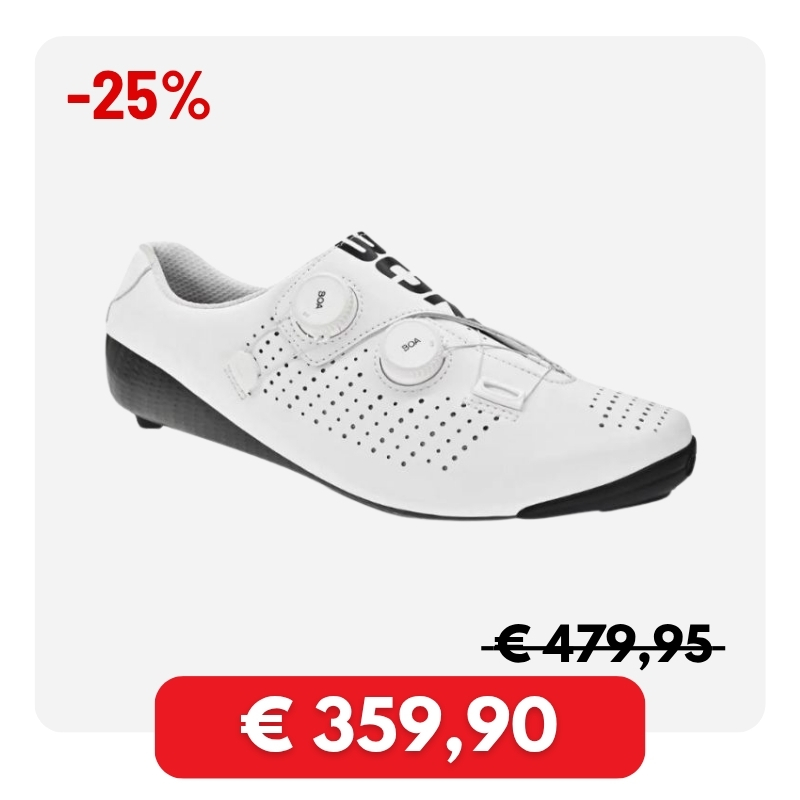 White road cycling shoe with dual BOA dials and perforated upper; sale badge 25% off, crossed-out €479.95 and price €359,90