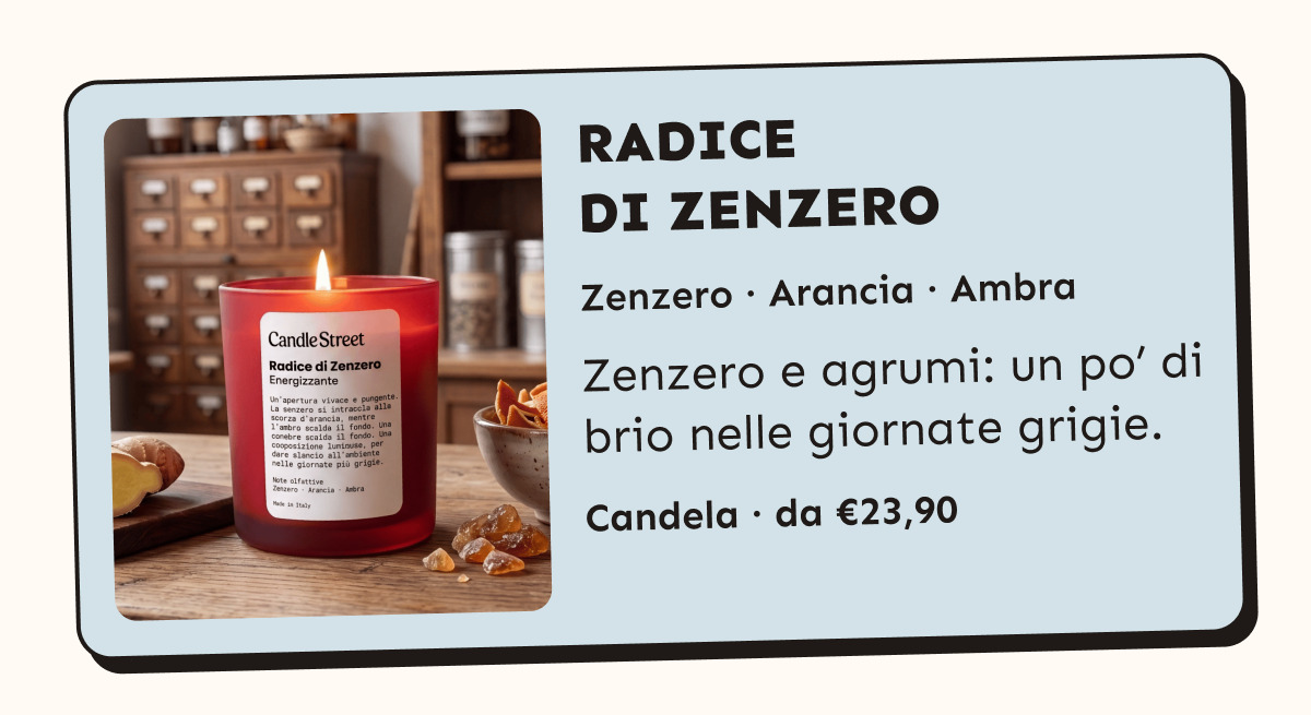 Radice di Zenzero. Zenzero, arancia e ambra. Zenzero e agrumi: un po’ di brio nelle giornate grigie. Candela da 23,90 euro.