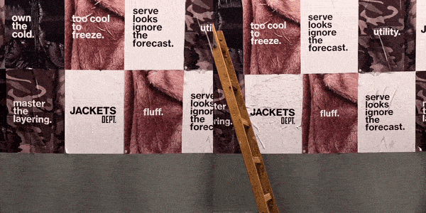 GIF con due persone che strappano manifesti con le scritte own the cold e JACKETS DEPT.