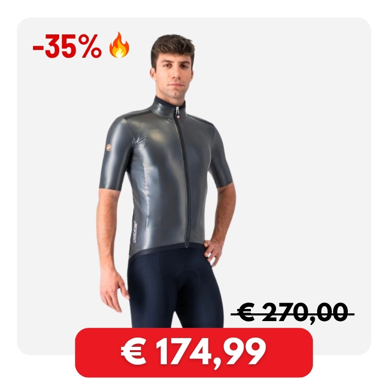 Man modelling grey short-sleeve aerodynamic cycling jersey and black bib shorts, sale badge -35% and discounted price €174,99