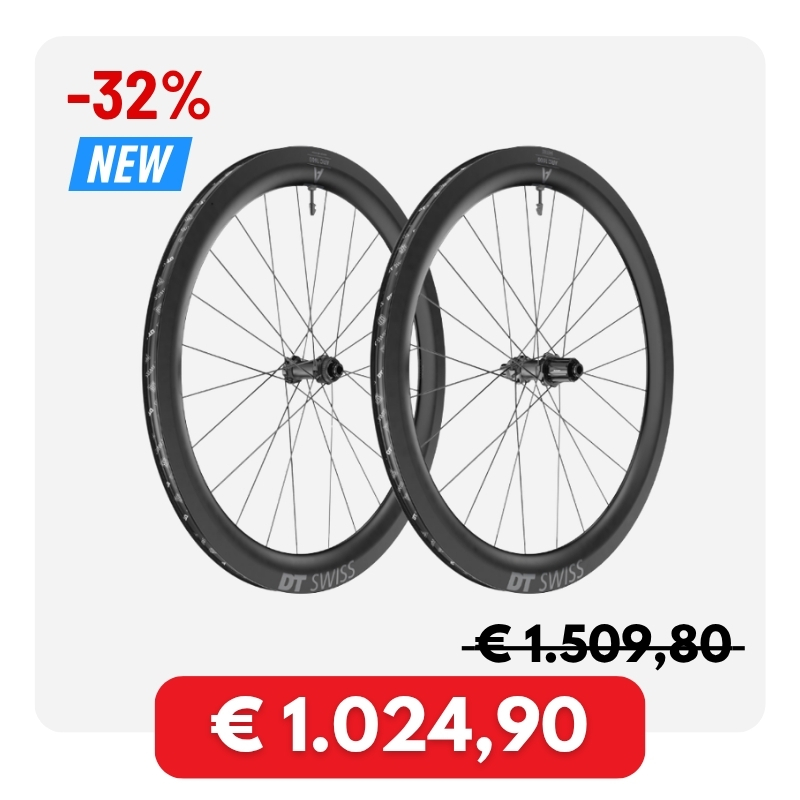Pair of DT Swiss carbon road bike wheels, new model on sale with 32% discount, reduced to €1.024,90 (was €1.509,80)