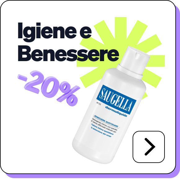 Saugella Dermoliquid intimate hygiene bottle with -20% discount badge on colourful promotional graphic