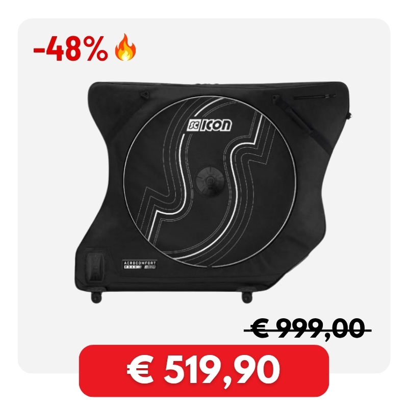 Black SCICON bike travel case with circular wheel graphic, -48% sale badge and crossed-out price, now €519.90