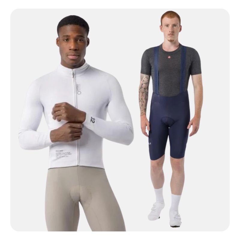 Two men modelling cycling kit: one in a white long-sleeve zip jersey with beige bib tights, the other in a grey short-sleeve base layer and navy bib shorts