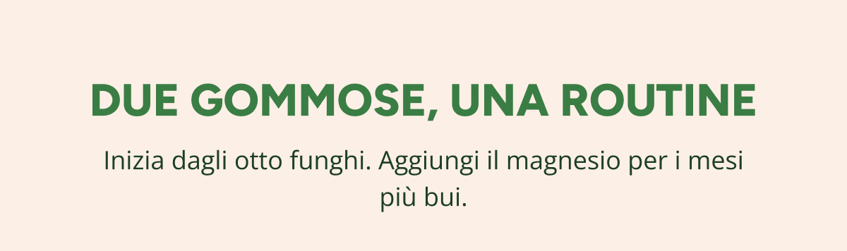 Due gommose, una routine Inizia dagli otto funghi. Aggiungi il magnesio per I mesi più bui.