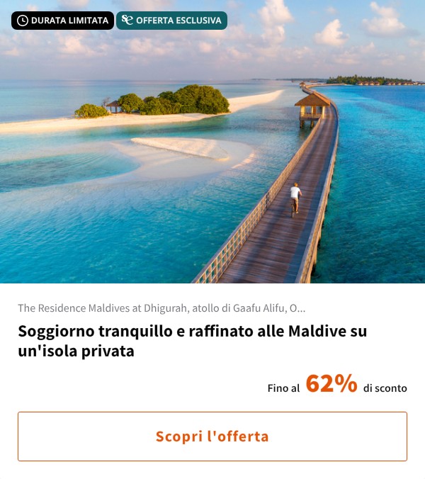Soggiorno tranquillo e raffinato alle Maldive su un'isola privata