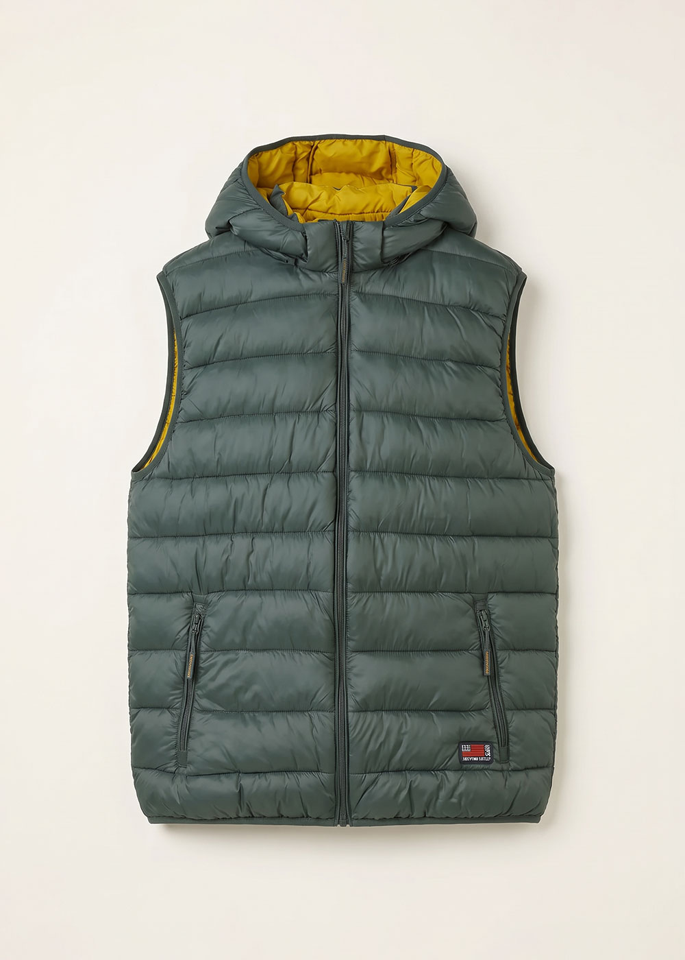 Green quilted sleeveless puffer vest with hood and yellow lining, front zip and zip pockets, small logo patch