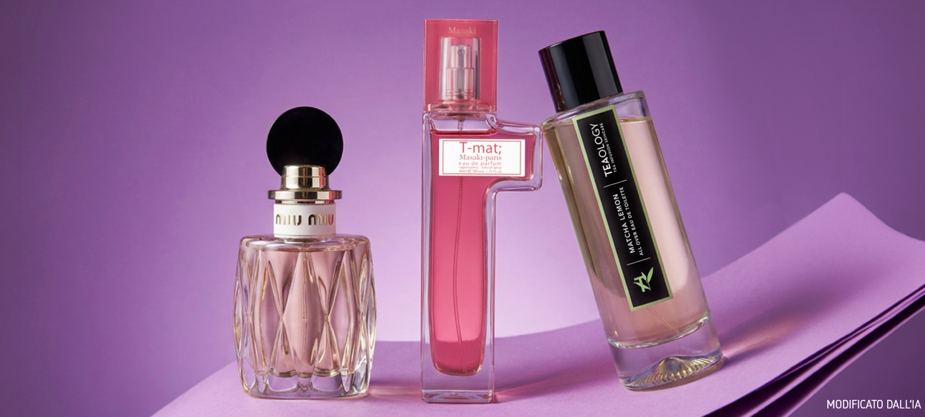 Tre flaconi di profumo in diversi design e varietà per una fragranza personalizzata.