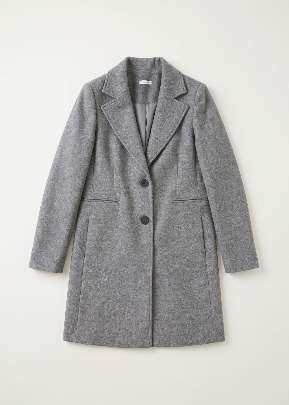 Women's grey wool-blend single-breasted overcoat with notch lapels, two buttons and front welt pockets, knee-length