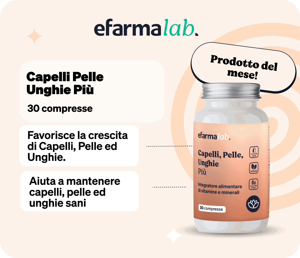 Efarmalab bottle of 'Capelli Pelle Unghie Più' 30 tablets on peach background, dietary supplement for healthy hair, skin and nails