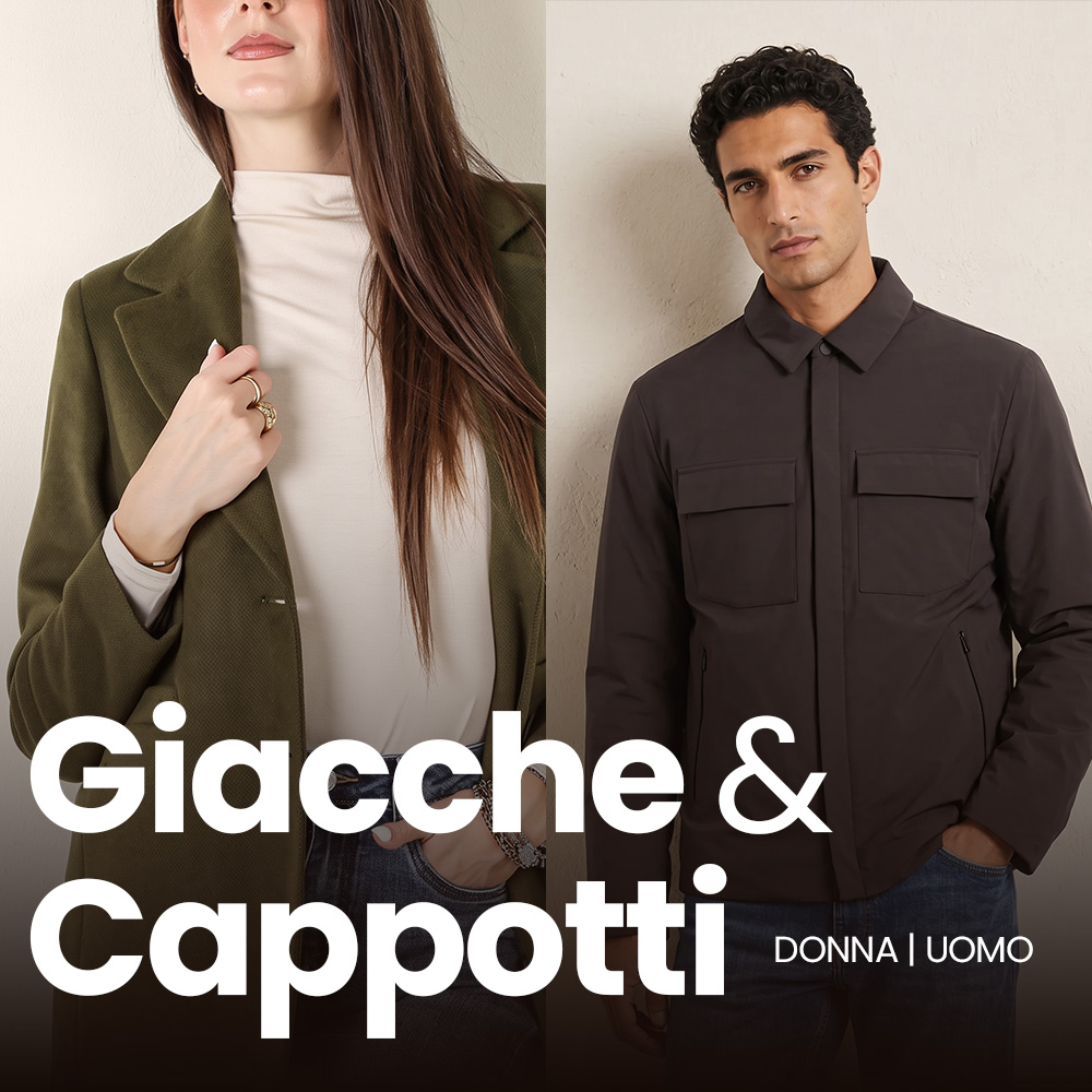 Split image: woman in olive blazer and cream top beside man in dark zip-front jacket — women's and men's jackets collection