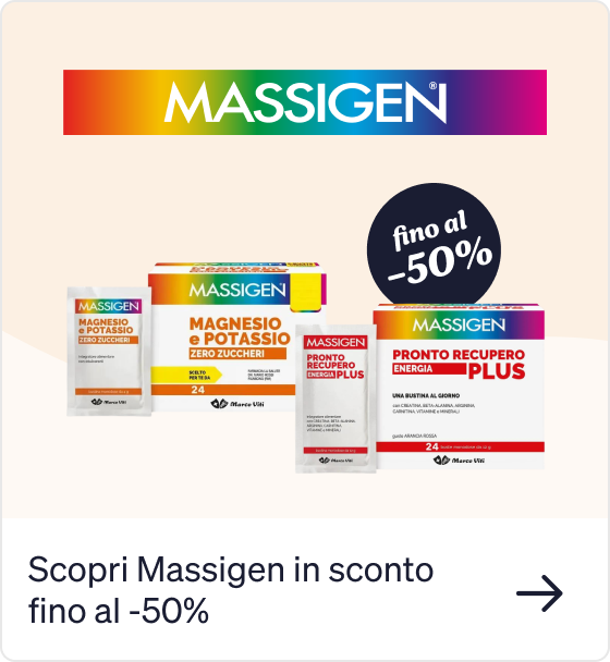 Massigen logo with three supplement boxes (Magnesio e Potassio; Pronto Recupero Plus) and an 'up to -50%' discount badge